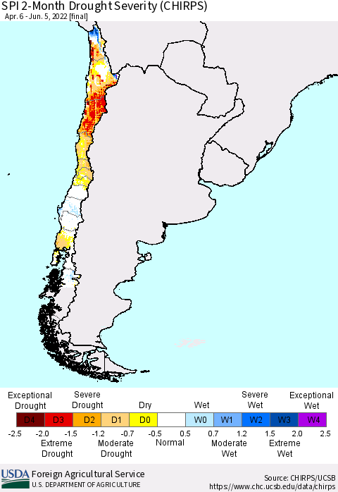 Chile SPI 2-Month Drought Severity (CHIRPS) Thematic Map For 4/6/2022 - 6/5/2022