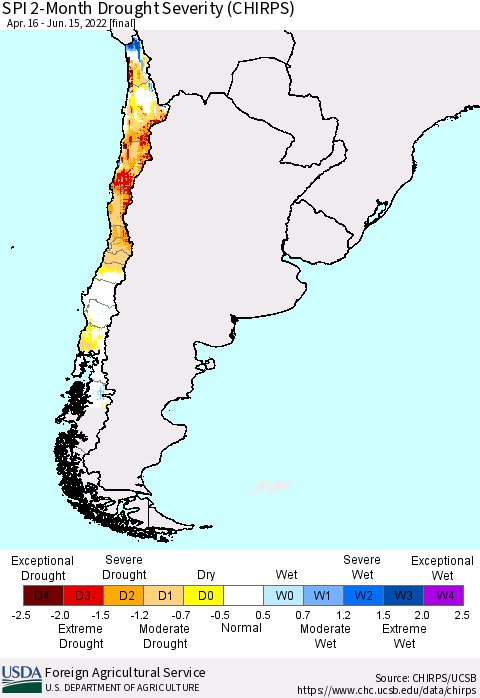Chile SPI 2-Month Drought Severity (CHIRPS) Thematic Map For 4/16/2022 - 6/15/2022
