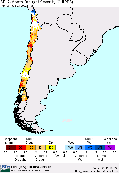 Chile SPI 2-Month Drought Severity (CHIRPS) Thematic Map For 4/26/2022 - 6/25/2022