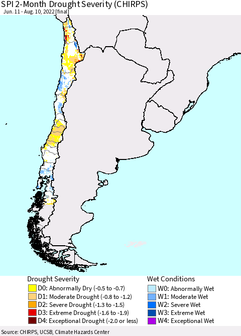 Chile SPI 2-Month Drought Severity (CHIRPS) Thematic Map For 6/11/2022 - 8/10/2022