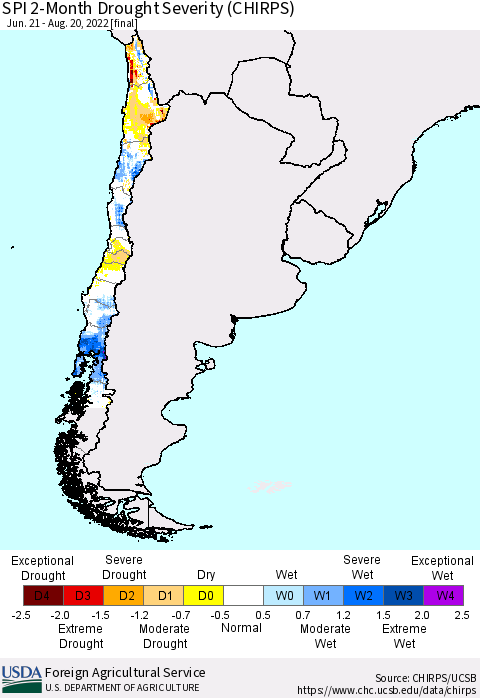 Chile SPI 2-Month Drought Severity (CHIRPS) Thematic Map For 6/21/2022 - 8/20/2022