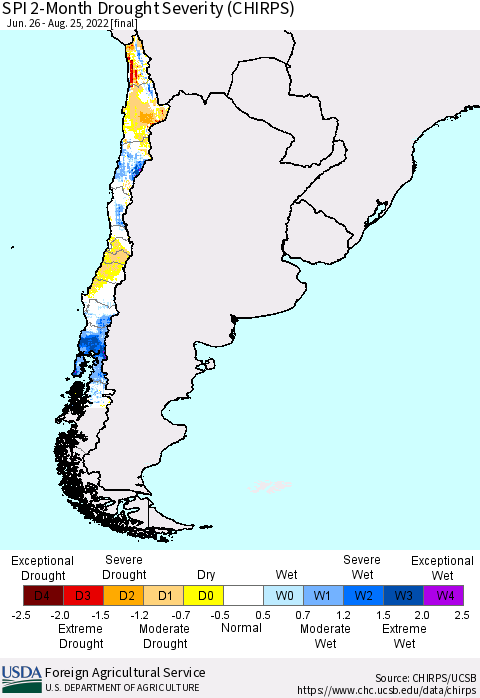 Chile SPI 2-Month Drought Severity (CHIRPS) Thematic Map For 6/26/2022 - 8/25/2022