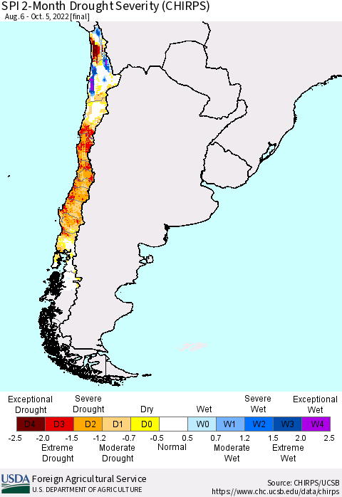 Chile SPI 2-Month Drought Severity (CHIRPS) Thematic Map For 8/6/2022 - 10/5/2022