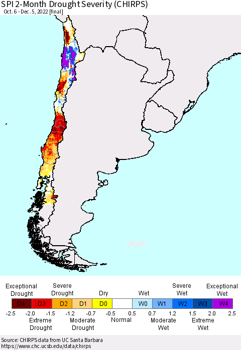 Chile SPI 2-Month Drought Severity (CHIRPS) Thematic Map For 10/6/2022 - 12/5/2022