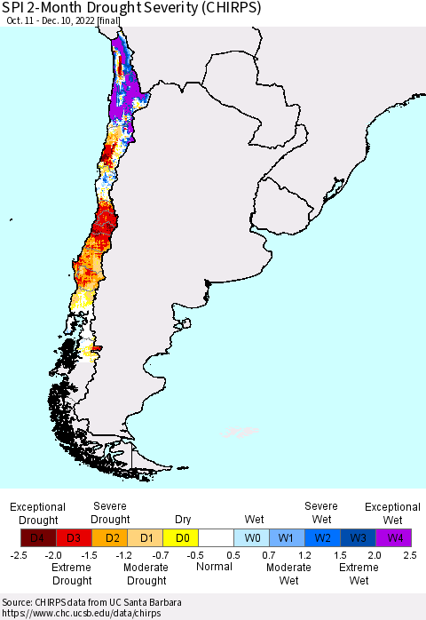 Chile SPI 2-Month Drought Severity (CHIRPS) Thematic Map For 10/11/2022 - 12/10/2022