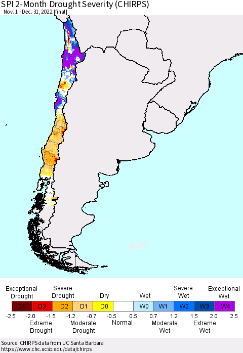 Chile SPI 2-Month Drought Severity (CHIRPS) Thematic Map For 11/1/2022 - 12/31/2022