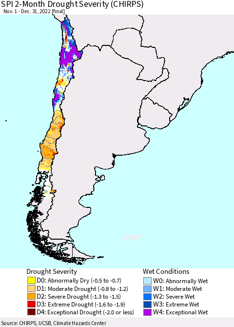 Chile SPI 2-Month Drought Severity (CHIRPS) Thematic Map For 11/1/2022 - 12/31/2022