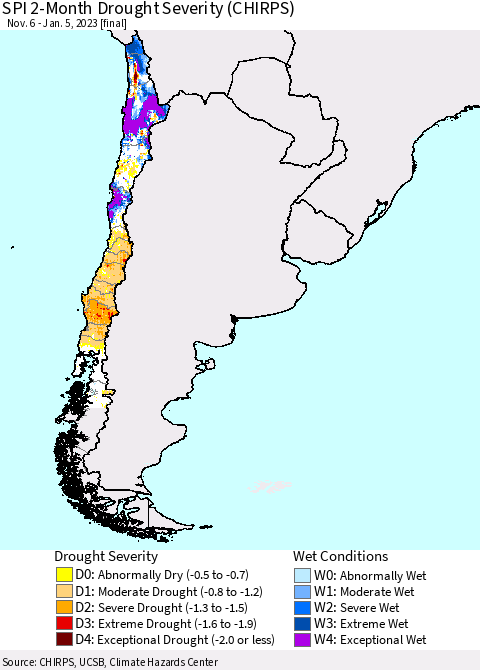 Chile SPI 2-Month Drought Severity (CHIRPS) Thematic Map For 11/6/2022 - 1/5/2023