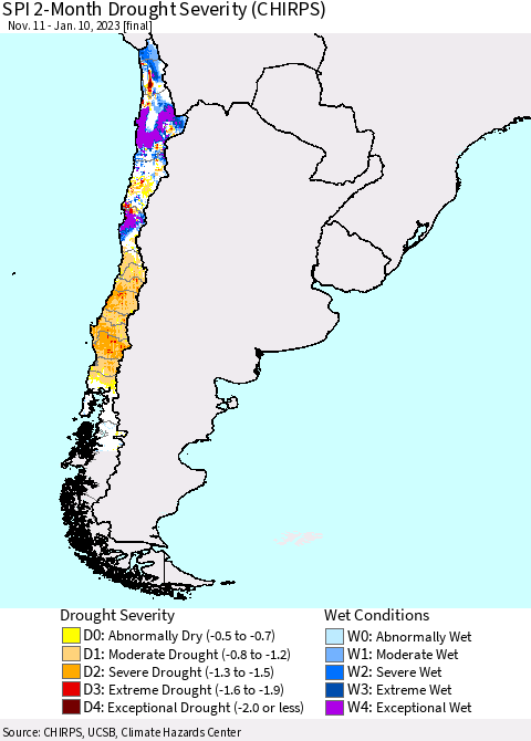 Chile SPI 2-Month Drought Severity (CHIRPS) Thematic Map For 11/11/2022 - 1/10/2023