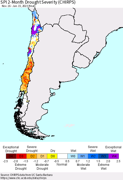 Chile SPI 2-Month Drought Severity (CHIRPS) Thematic Map For 11/16/2022 - 1/15/2023