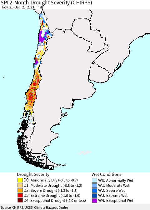 Chile SPI 2-Month Drought Severity (CHIRPS) Thematic Map For 11/21/2022 - 1/20/2023