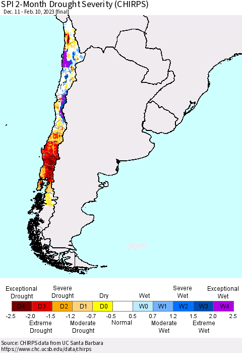 Chile SPI 2-Month Drought Severity (CHIRPS) Thematic Map For 12/11/2022 - 2/10/2023