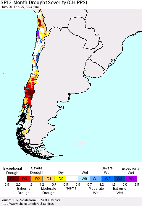 Chile SPI 2-Month Drought Severity (CHIRPS) Thematic Map For 12/26/2022 - 2/25/2023