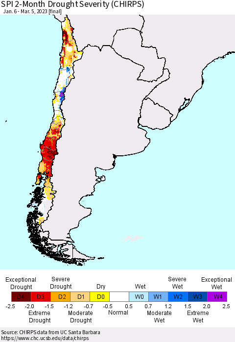 Chile SPI 2-Month Drought Severity (CHIRPS) Thematic Map For 1/6/2023 - 3/5/2023