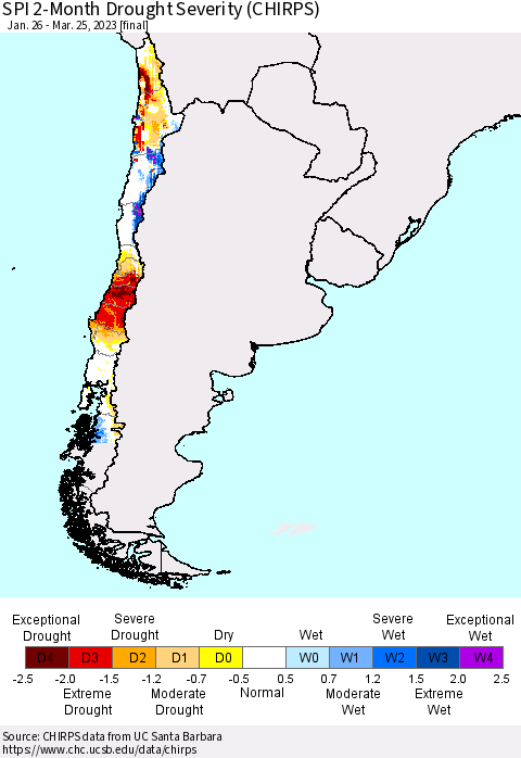 Chile SPI 2-Month Drought Severity (CHIRPS) Thematic Map For 1/26/2023 - 3/25/2023