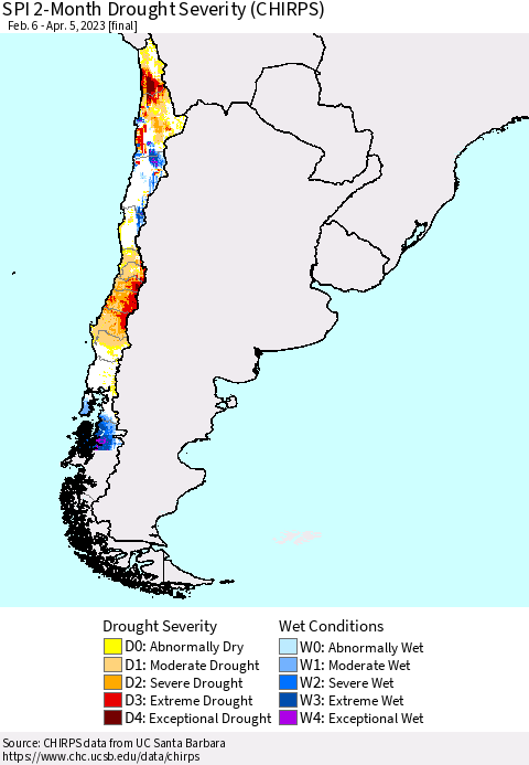 Chile SPI 2-Month Drought Severity (CHIRPS) Thematic Map For 2/6/2023 - 4/5/2023