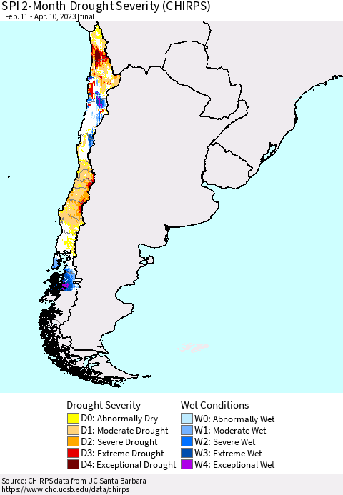 Chile SPI 2-Month Drought Severity (CHIRPS) Thematic Map For 2/11/2023 - 4/10/2023