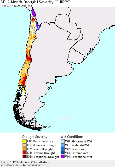 Chile SPI 2-Month Drought Severity (CHIRPS) Thematic Map For 3/21/2023 - 5/20/2023