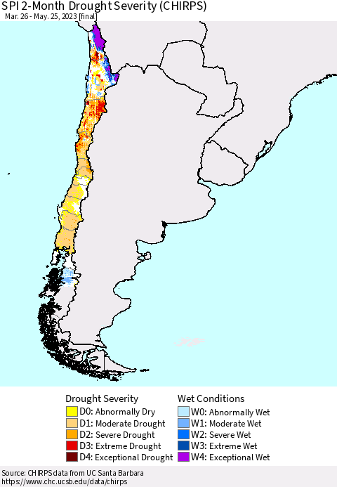 Chile SPI 2-Month Drought Severity (CHIRPS) Thematic Map For 3/26/2023 - 5/25/2023