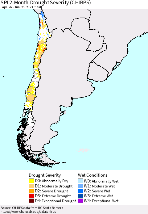 Chile SPI 2-Month Drought Severity (CHIRPS) Thematic Map For 4/26/2023 - 6/25/2023