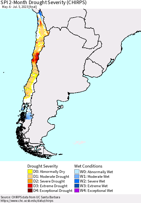 Chile SPI 2-Month Drought Severity (CHIRPS) Thematic Map For 5/6/2023 - 7/5/2023