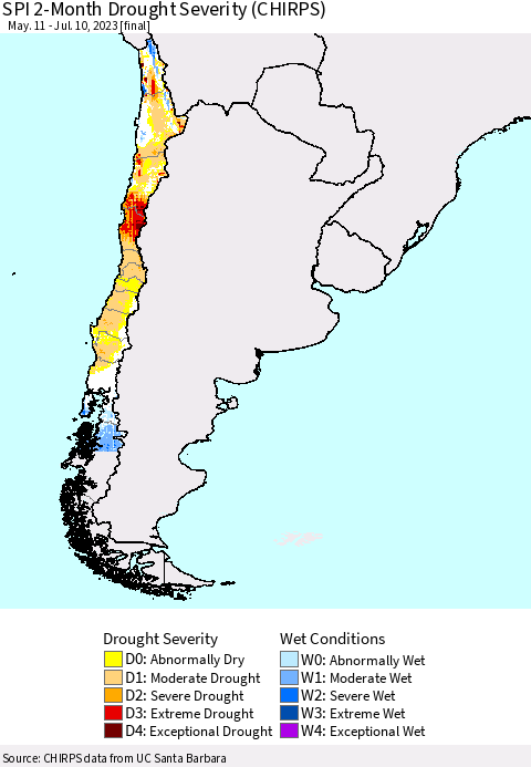 Chile SPI 2-Month Drought Severity (CHIRPS) Thematic Map For 5/11/2023 - 7/10/2023