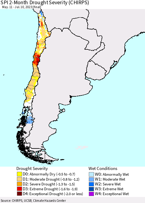 Chile SPI 2-Month Drought Severity (CHIRPS) Thematic Map For 5/11/2023 - 7/10/2023