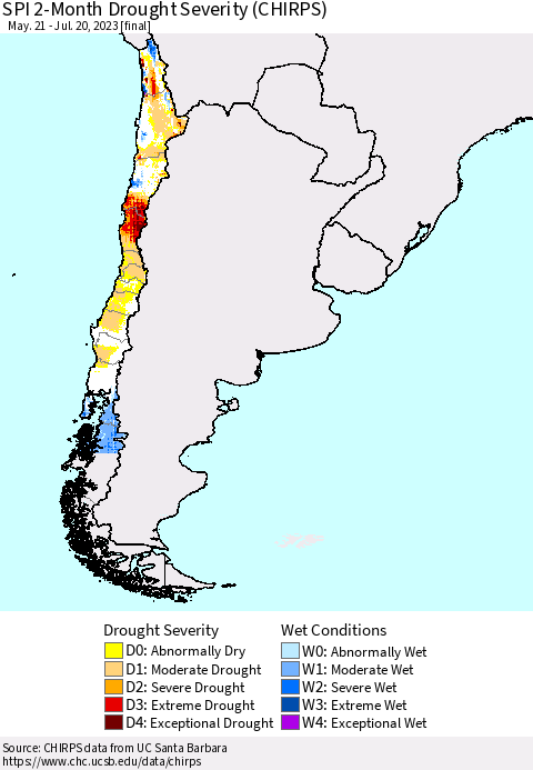 Chile SPI 2-Month Drought Severity (CHIRPS) Thematic Map For 5/21/2023 - 7/20/2023
