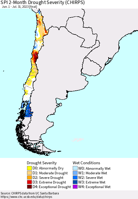 Chile SPI 2-Month Drought Severity (CHIRPS) Thematic Map For 6/1/2023 - 7/31/2023