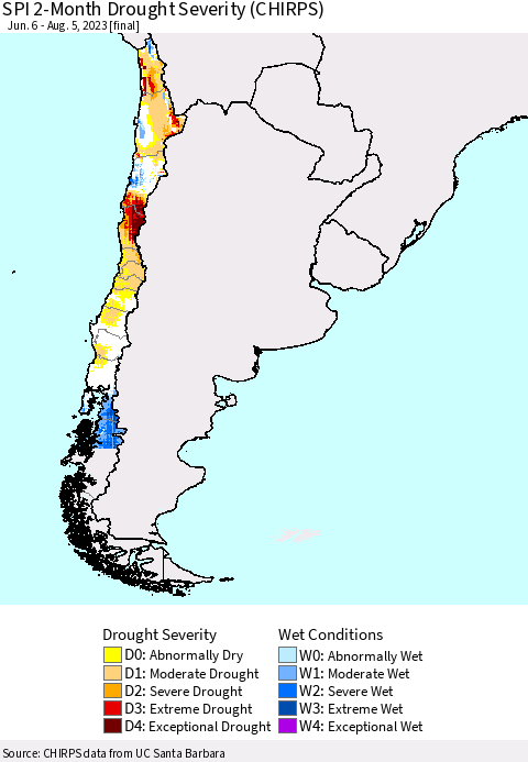 Chile SPI 2-Month Drought Severity (CHIRPS) Thematic Map For 6/6/2023 - 8/5/2023