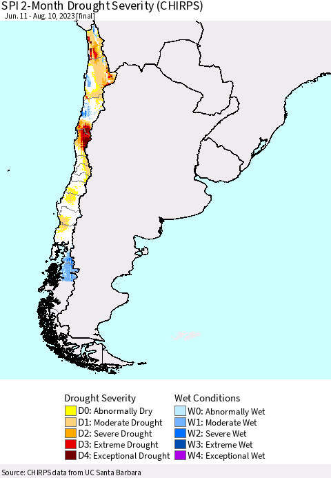 Chile SPI 2-Month Drought Severity (CHIRPS) Thematic Map For 6/11/2023 - 8/10/2023