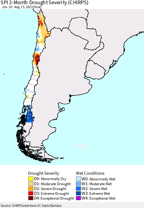 Chile SPI 2-Month Drought Severity (CHIRPS) Thematic Map For 6/16/2023 - 8/15/2023