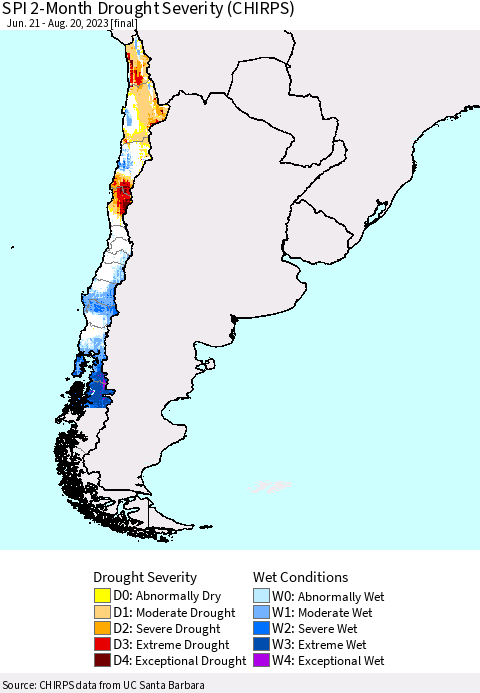 Chile SPI 2-Month Drought Severity (CHIRPS) Thematic Map For 6/21/2023 - 8/20/2023