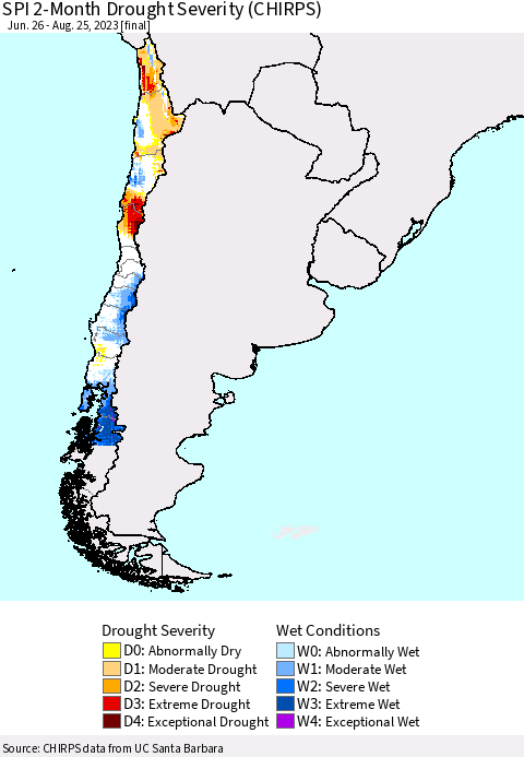Chile SPI 2-Month Drought Severity (CHIRPS) Thematic Map For 6/26/2023 - 8/25/2023