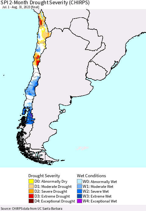 Chile SPI 2-Month Drought Severity (CHIRPS) Thematic Map For 7/1/2023 - 8/31/2023