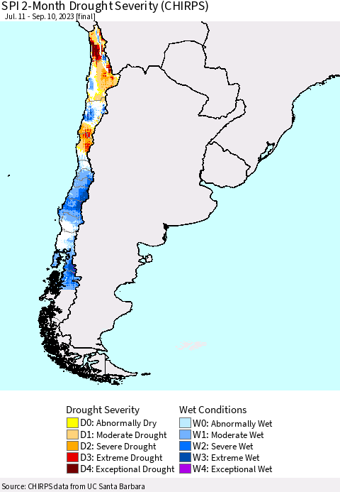 Chile SPI 2-Month Drought Severity (CHIRPS) Thematic Map For 7/11/2023 - 9/10/2023