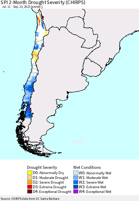 Chile SPI 2-Month Drought Severity (CHIRPS) Thematic Map For 7/11/2023 - 9/10/2023