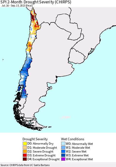 Chile SPI 2-Month Drought Severity (CHIRPS) Thematic Map For 7/16/2023 - 9/15/2023