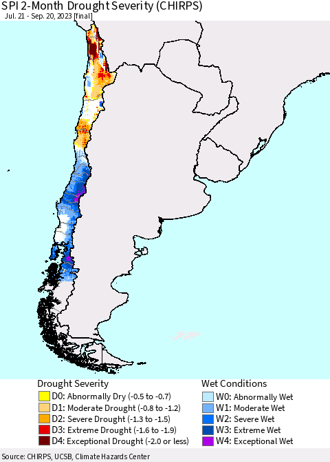 Chile SPI 2-Month Drought Severity (CHIRPS) Thematic Map For 7/21/2023 - 9/20/2023