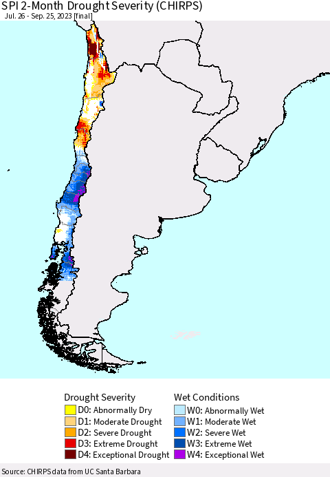 Chile SPI 2-Month Drought Severity (CHIRPS) Thematic Map For 7/26/2023 - 9/25/2023