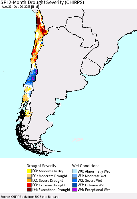 Chile SPI 2-Month Drought Severity (CHIRPS) Thematic Map For 8/21/2023 - 10/20/2023