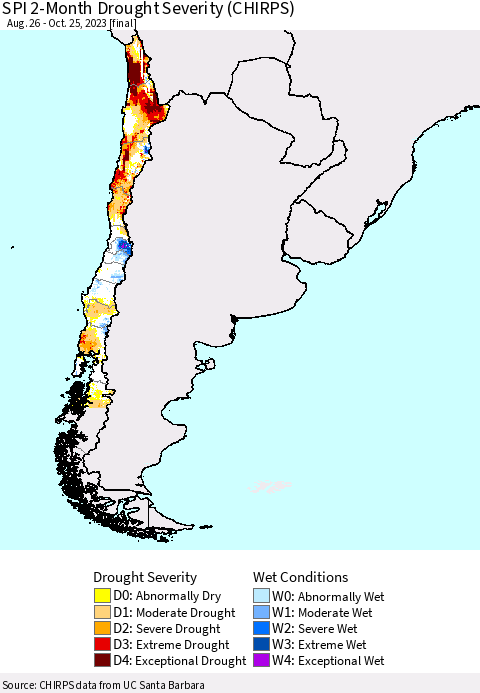 Chile SPI 2-Month Drought Severity (CHIRPS) Thematic Map For 8/26/2023 - 10/25/2023