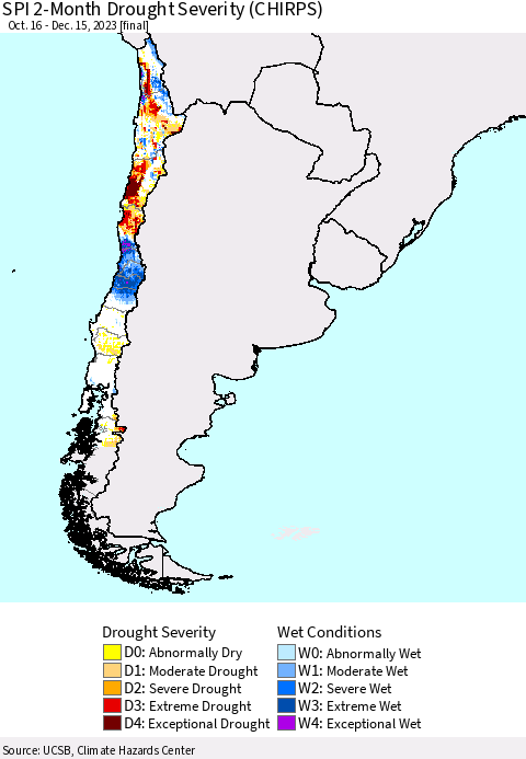 Chile SPI 2-Month Drought Severity (CHIRPS) Thematic Map For 10/16/2023 - 12/15/2023