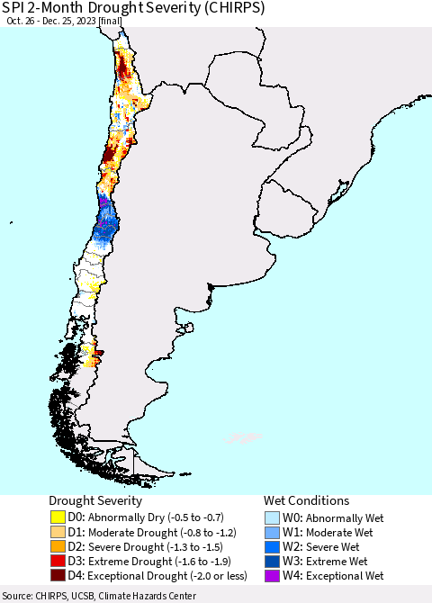 Chile SPI 2-Month Drought Severity (CHIRPS) Thematic Map For 10/26/2023 - 12/25/2023