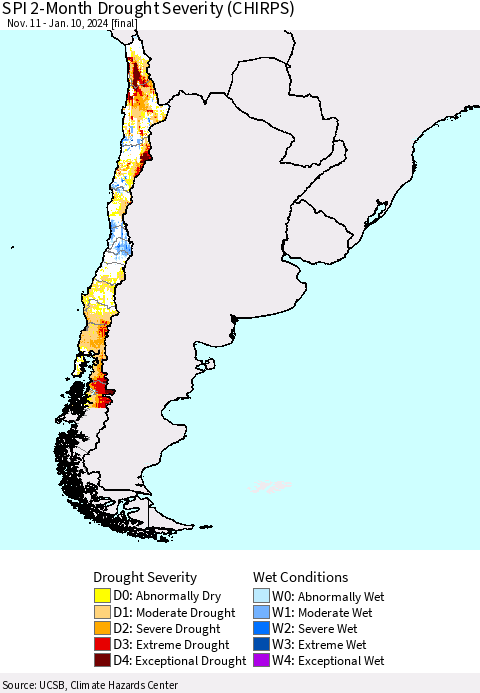 Chile SPI 2-Month Drought Severity (CHIRPS) Thematic Map For 11/11/2023 - 1/10/2024