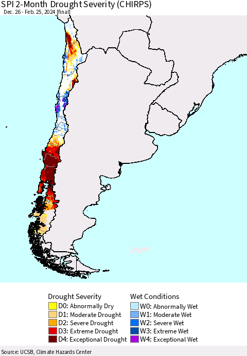 Chile SPI 2-Month Drought Severity (CHIRPS) Thematic Map For 12/26/2023 - 2/25/2024