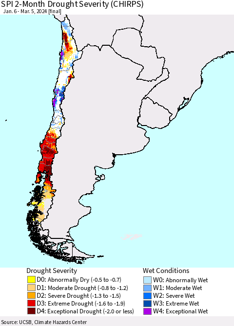 Chile SPI 2-Month Drought Severity (CHIRPS) Thematic Map For 1/6/2024 - 3/5/2024