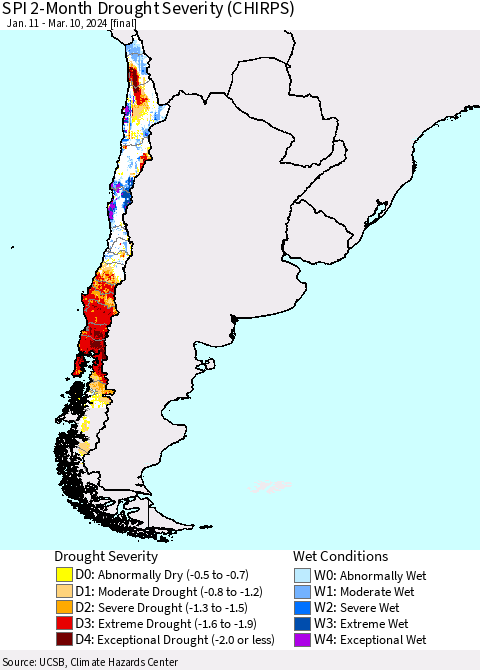 Chile SPI 2-Month Drought Severity (CHIRPS) Thematic Map For 1/11/2024 - 3/10/2024