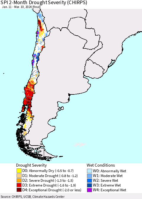 Chile SPI 2-Month Drought Severity (CHIRPS) Thematic Map For 1/11/2024 - 3/10/2024