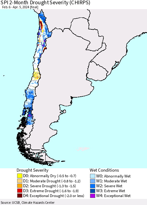 Chile SPI 2-Month Drought Severity (CHIRPS) Thematic Map For 2/6/2024 - 4/5/2024